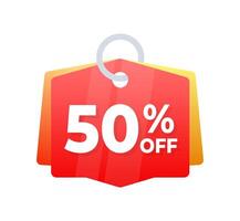 50 por ciento apagado descuento promociones, rojo precio etiqueta, ofertas vector ilustración