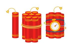 Dynamite with burning fuse set. Detonating device TNT, bomb. Vector illustration