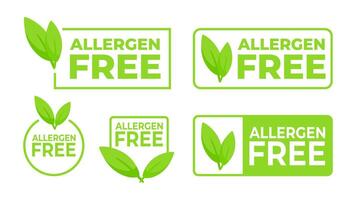 Green labels with Allergen Free and a leaf icon, ensuring the safety of products for consumers with allergies. vector