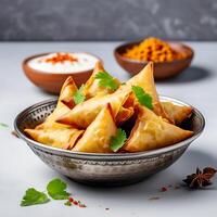 AI generated Delicious Indian Samosas with Chutney in a Bowl on White Background photo