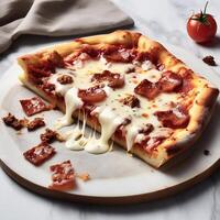 ai generado un rebanada de crujiente Pizza realista con carne y queso blanco antecedentes foto