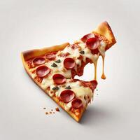 AI generated a slice of crispy pizza realistic with meat and cheese white background photo