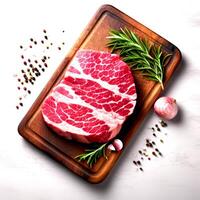 AI generated Raw beef on cutting board isolated on white background photo