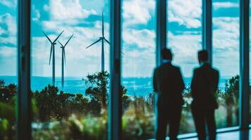 AI generated Silhouette of two business people looking at wind turbines in office photo