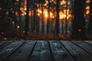 ai generado de madera mesa en frente de borroso antecedentes con bokeh efecto foto