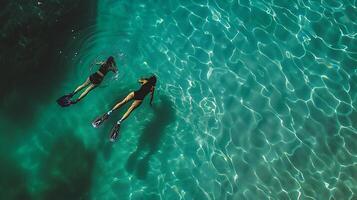 AI generated Woman snorkeling in turquoise water, aerial view photo