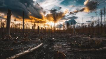 AI generated Burned forest after a forest fire at sunset, panoramic view photo