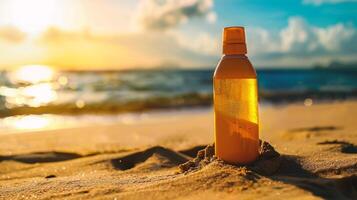 AI generated Sunscreen bottle on the beach at sunset time. Sun protection concept photo