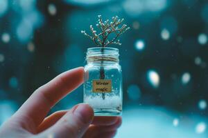 AI generated Hand holding a small tree in a glass jar with winter background photo