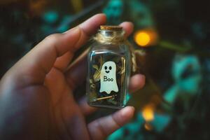 AI generated Halloween concept. Hand holding a bottle with a ghost in it photo