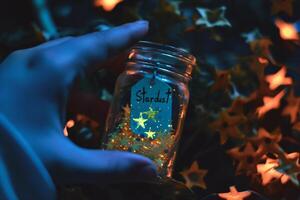 AI generated Hand holding a glass jar with christmas lights and stars on the background photo