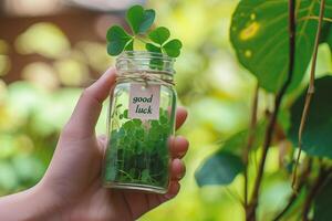 AI generated Hand holding a glass jar with clover leaves. photo