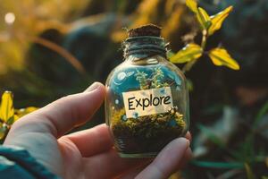 AI generated Hand holding a glass jar with a plant inside with the word Explore photo