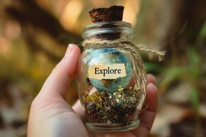 AI generated Hand holding a glass jar with a plant inside with the word Explore photo