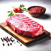 AI generated Raw beef on cutting board isolated on white background photo