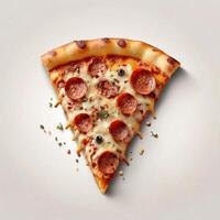 AI generated a slice of crispy pizza realistic with meat and cheese white background photo