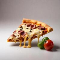 AI generated a slice of crispy pizza realistic with meat and cheese white background photo