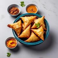 AI generated Delicious Indian Samosas with Chutney in a Bowl on White Background photo