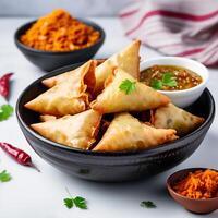 AI generated Delicious Indian Samosas with Chutney in a Bowl on White Background photo