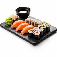 AI generated slate board with sushi set isolated on white background photo