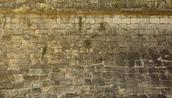 muy antiguo ladrillo Roca pared de castillo o fortaleza de 18 siglo. lleno marco pared con obsoleto sucio y agrietado ladrillos foto