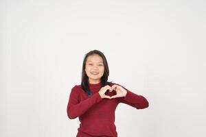 Young Asian woman in Red t-shirt Showing hand love sign isolated on white background photo