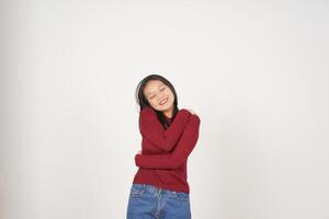 Young Asian woman in Red t-shirt Hug herself, Self love concept isolated on white background photo