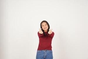 Young Asian woman in Red t-shirt Showing korean love finger isolated on white background photo