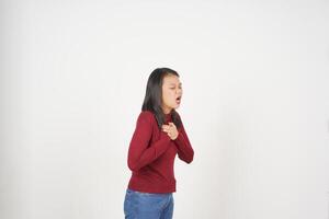 Young Asian woman in Red t-shirt Suffering Chest Pain, Heart Attack isolated on white background photo