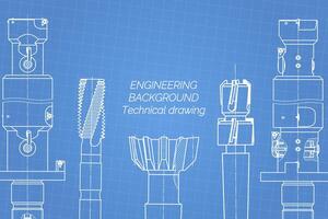 mecánico Ingenieria dibujos en azul antecedentes. grifo herramientas, taladrador. técnico diseño. cubrir. Plano. vector ilustración.