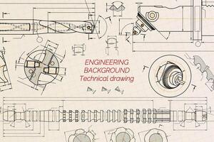 Mechanical engineering drawings. Broach. Technical Design. Cover. Blueprint. Vector illustration