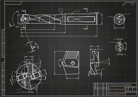 Mechanical engineering drawings on black background. Broach. Technical Design. Cover. Blueprint. Vector illustration.