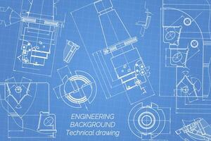 Mechanical engineering drawings on blue background. Tap tools, borer. Technical Design. Cover. Blueprint. Vector illustration.