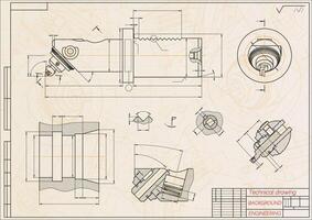 Mechanical engineering drawings. Broach. Technical Design. Cover. Blueprint. Vector illustration