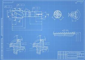 Mechanical engineering drawings on blue background. Tap tools, borer. Technical Design. Cover. Blueprint. Vector illustration.