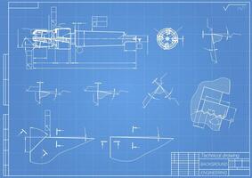 mecánico Ingenieria dibujos en azul antecedentes. grifo herramientas, taladrador. técnico diseño. cubrir. Plano. vector ilustración.