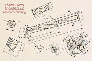 Mechanical engineering drawings. Broach. Technical Design. Cover. Blueprint. Vector illustration