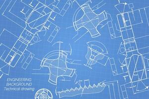 Mechanical engineering drawings on blue background. Tap tools, borer. Technical Design. Cover. Blueprint. Vector illustration.