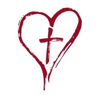 Christian red cross and heart drawn by brush. vector