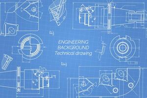 Mechanical engineering drawings on blue background. Tap tools, borer. Technical Design. Cover. Blueprint. Vector illustration.