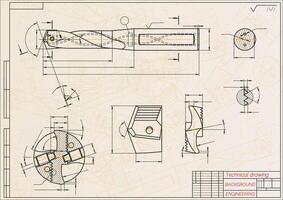 Mechanical engineering drawings. Broach. Technical Design. Cover. Blueprint. Vector illustration