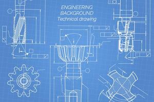 mecánico Ingenieria dibujos en azul antecedentes. grifo herramientas, taladrador. técnico diseño. cubrir. Plano. vector ilustración.