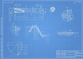 Mechanical engineering drawings on blue background. Tap tools, borer. Technical Design. Cover. Blueprint. Vector illustration.