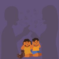 Hands saving and protecting two siblings covering their ears so as not to hear her parents quarrel. A child is sitting on the floor and crying. child's traumatic experience. vector