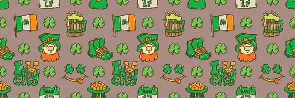 St Patricks Day seamless pattern background cute hand-drawn Irish holiday icons, symbols, and elements. vector