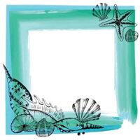 Hand-drawn illustration with ink sea shells on watercolor square frame. Vector