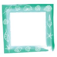 Watercolor decorative square frame with outlines of sea shells. Hand-drawn ink illustration. Vector