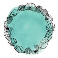 Hand-drawn ink illustration. Circle frame with different sea shells on aquamarine watercolor background. Vector