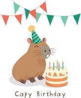 Cute capybara in festive caps blowing out candles on a birthday cake, red and green flags, colorful confetti. Capy Birthday inscription. Postcard, greeting card, invitation, vector flat