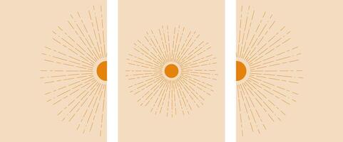 Bohemian linear set poster Sun print boho minimalist printable wall art style geometric abstract sunset sunrise print art work vector banner vintage texture natural color